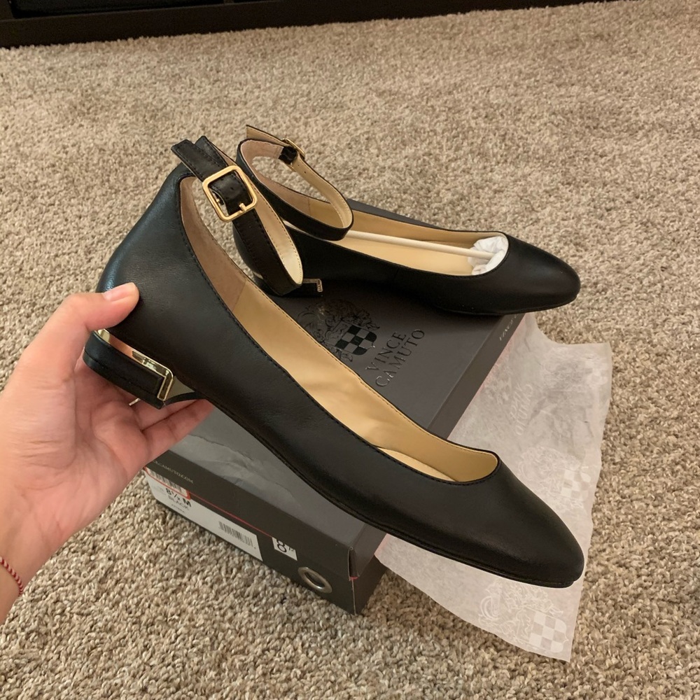 Vince Camuto black ballet flats with ankle strap